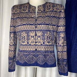 Adrianna Papell bolero skirt suit w ornate gold beading on blue silk.‎ Sz 12